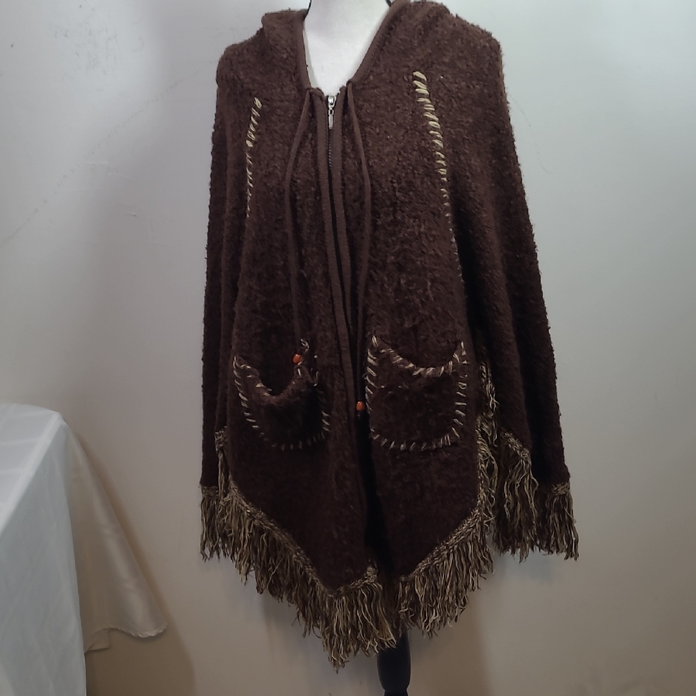 Brown Hooded Fringe Sweater